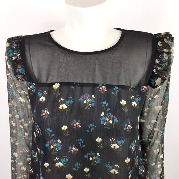 Zara Floral Print on Black Semi Sheer Top - Picture 4 of 6